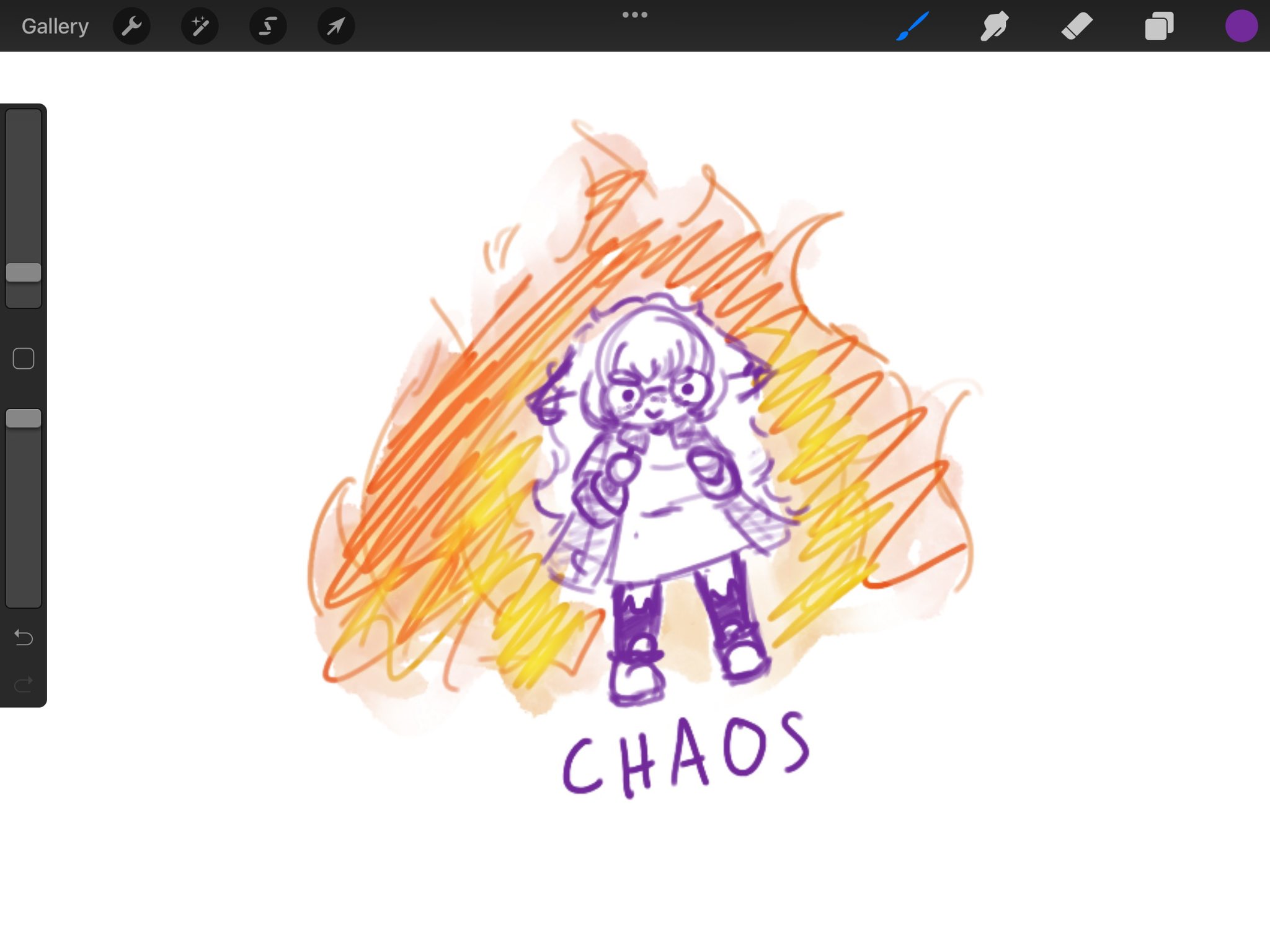 a quick doodle of the previously described catgirl, in fire, with the text "chaos" above her